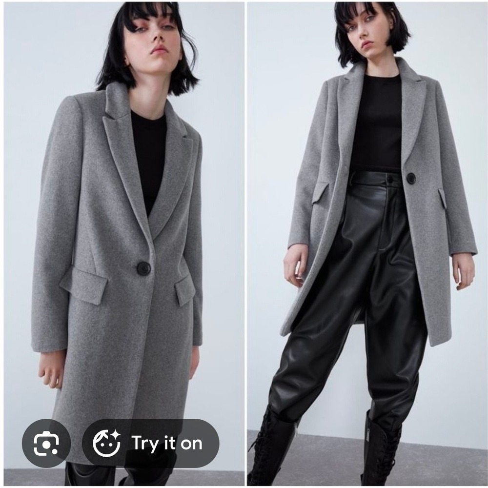 Zara‎ Grey Wool Blend Single Button Overcoat Notched Lapel Tailored Coat Small